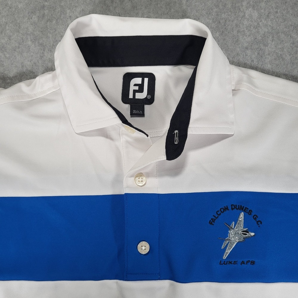 FootJoy‎ Short Sleeve Polo Shirt Mens Medium White Blue Stripe Falcon Dunes GC